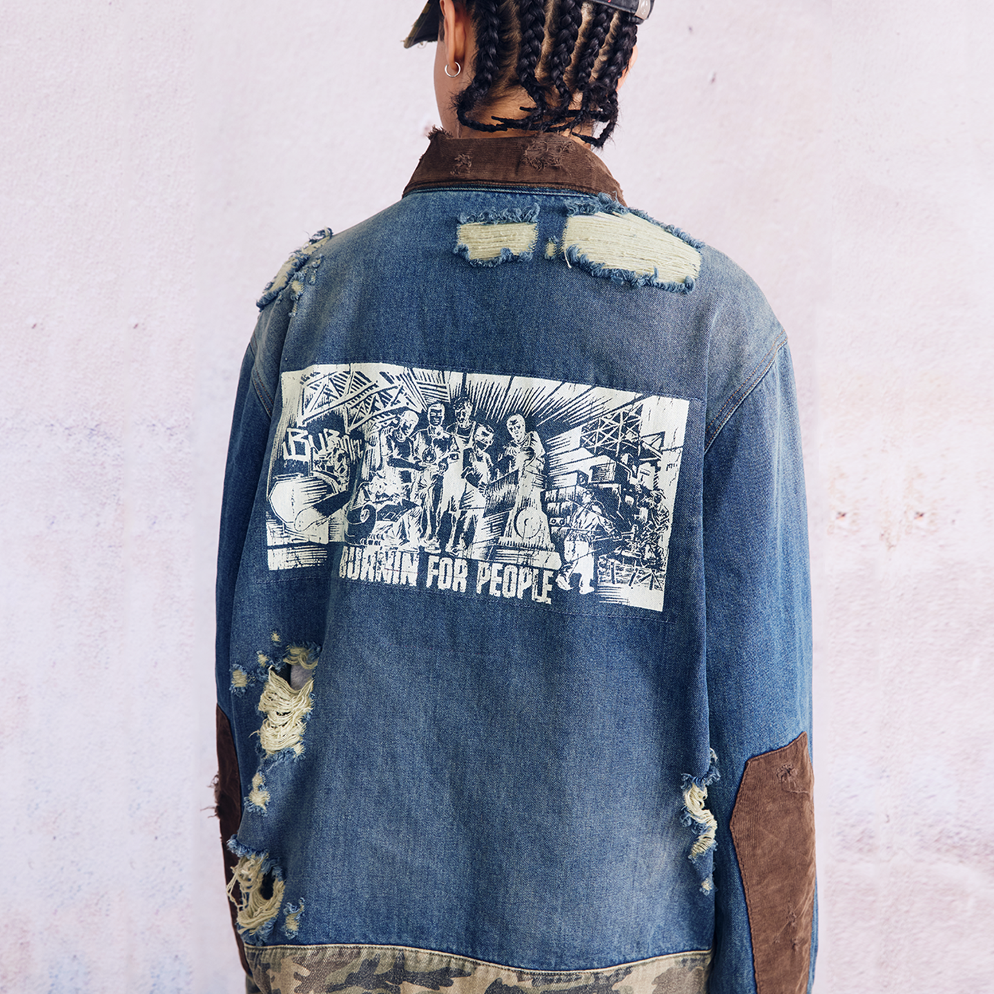 BURNIN* "Burnin for people" camouflage splicing damaged patch denim jacket - PSYLOS 1, BURNIN* "Burnin for people" camouflage splicing damaged patch denim jacket, T-Shirt, Burnin, PSYLOS 1